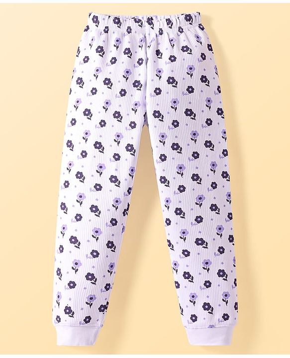 Pine Kids Cotton Blend Knit Full Sleeves Floral  Print Thermal Vest & Pant Set - Off White