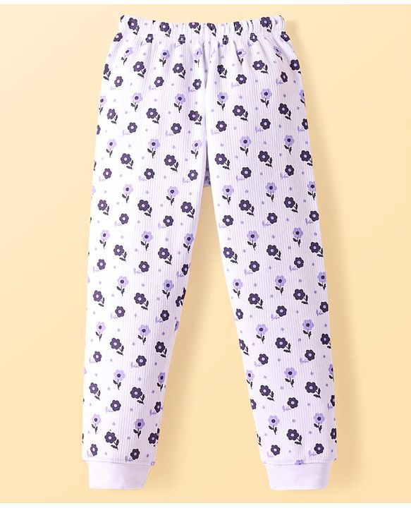 Pine Kids Cotton Blend Knit Full Sleeves Floral  Print Thermal Vest & Pant Set - Off White
