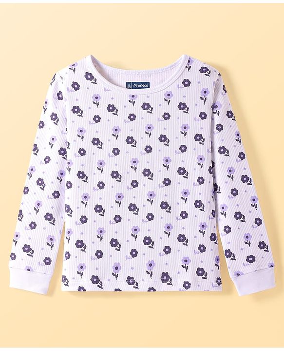 Pine Kids Cotton Blend Knit Full Sleeves Floral  Print Thermal Vest & Pant Set - Off White