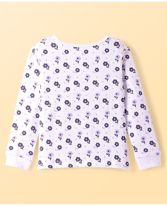 Pine Kids Cotton Blend Knit Full Sleeves Floral  Print Thermal Vest & Pant Set - Off White