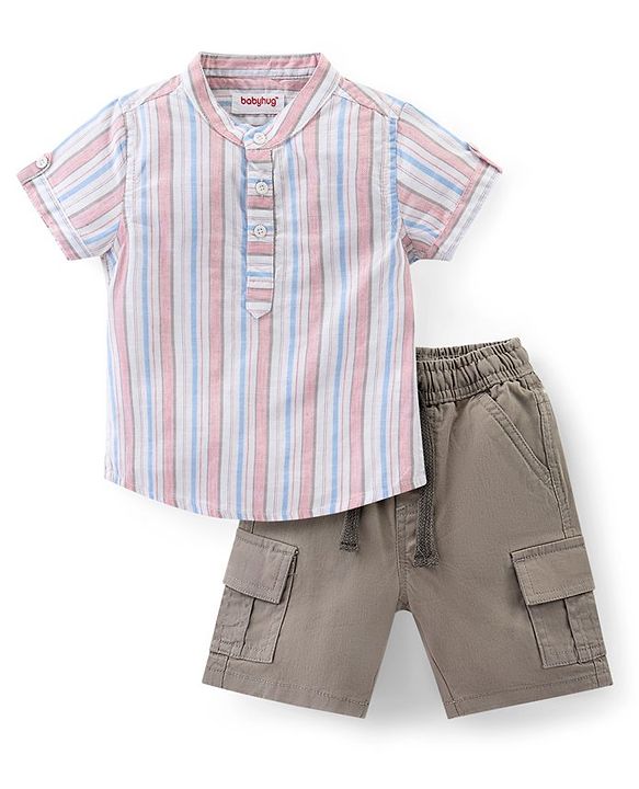 Babyhug Cotton Woven Half Sleeves Striped Mandarin Collar Shirt & Shorts Set - Multicolor