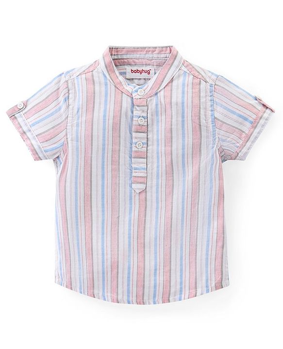 Babyhug Cotton Woven Half Sleeves Striped Mandarin Collar Shirt & Shorts Set - Multicolor