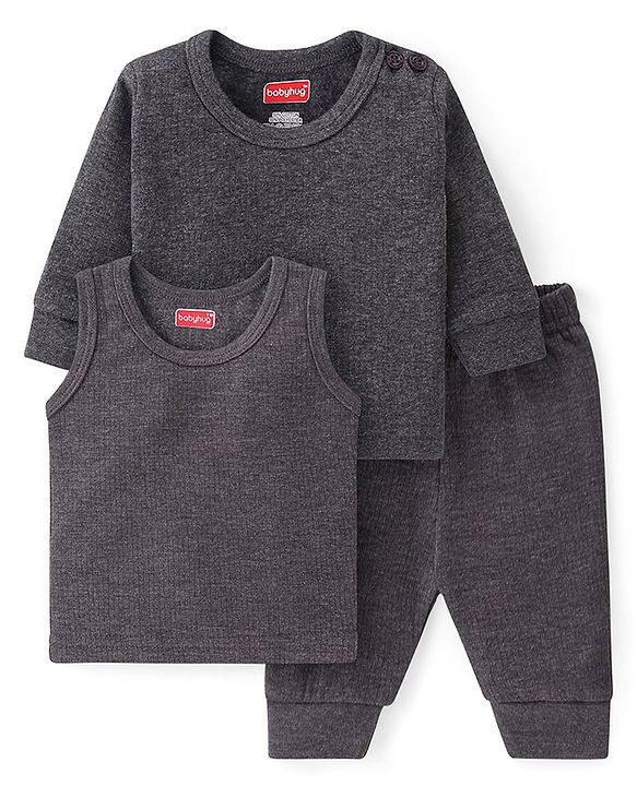 Babyhug Solid Full Sleeves Thermal Vests & Pant Set - Dark Grey