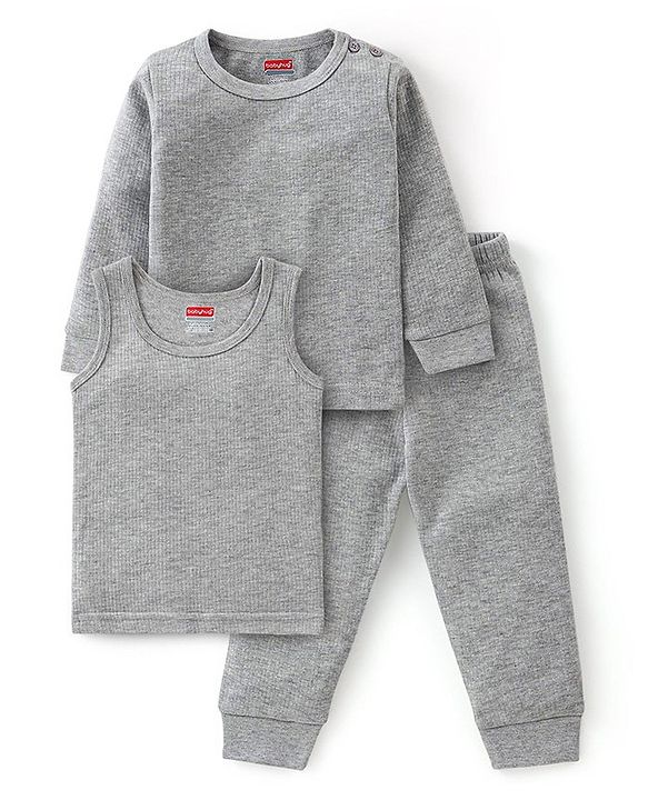 Babyhug Full Sleeves Solid Thermal Vests & Pant Set -Light Grey