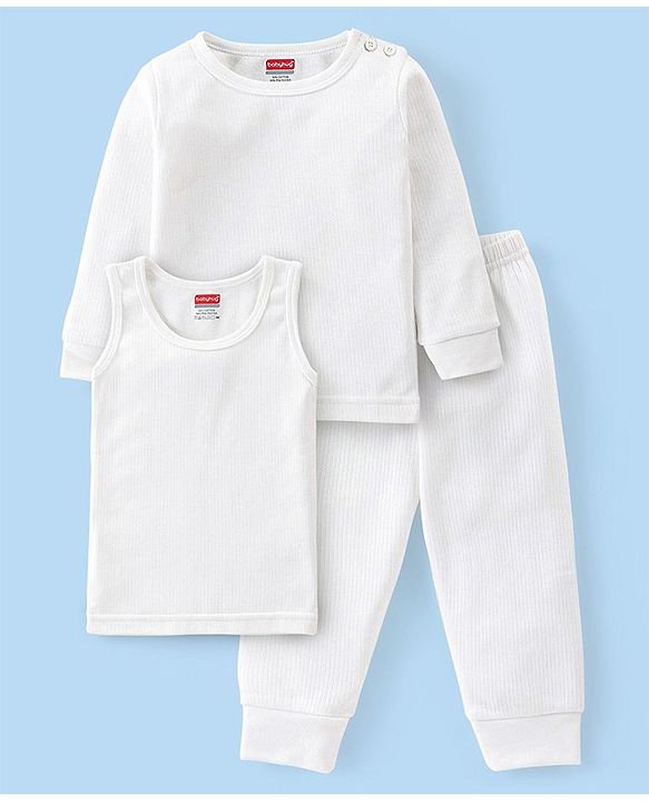 Babyhug Full Sleeves Solid Thermal Vests & Pant Set - Offwhite