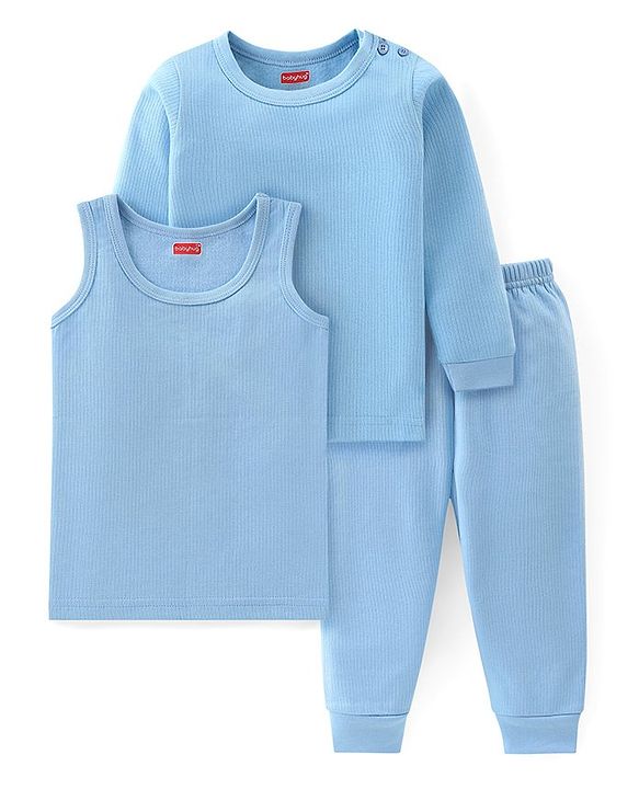 Babyhug Full Sleeves Solid Thermal Vests & Pant Set -Blue