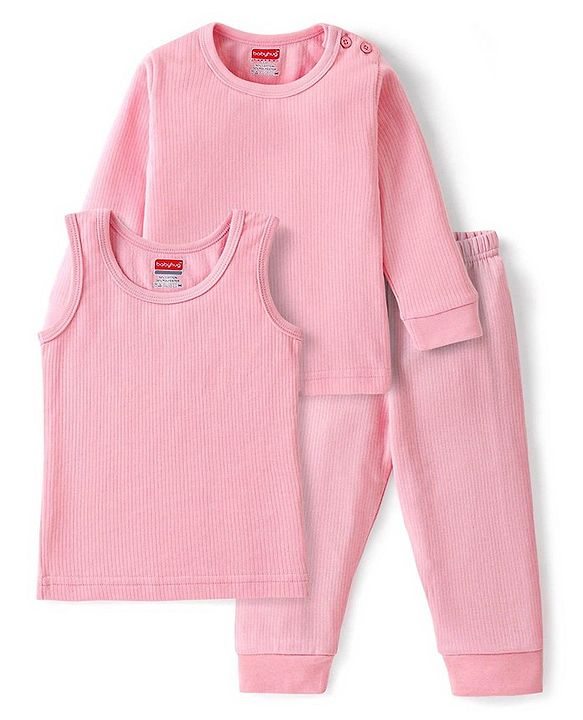 Babyhug Full Sleeves Solid Thermal Vests & Pant Set - Pink
