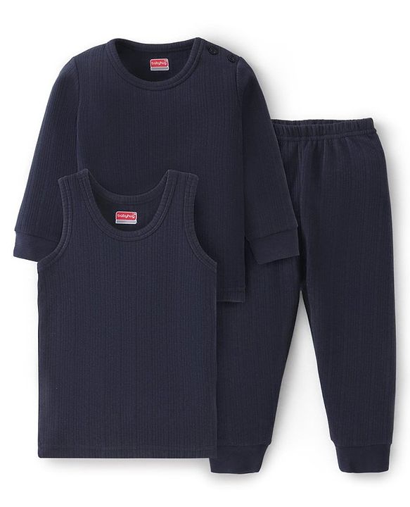 Babyhug Full Sleeves Solid Thermal Vests & Pant Set -Dark Navy Blue