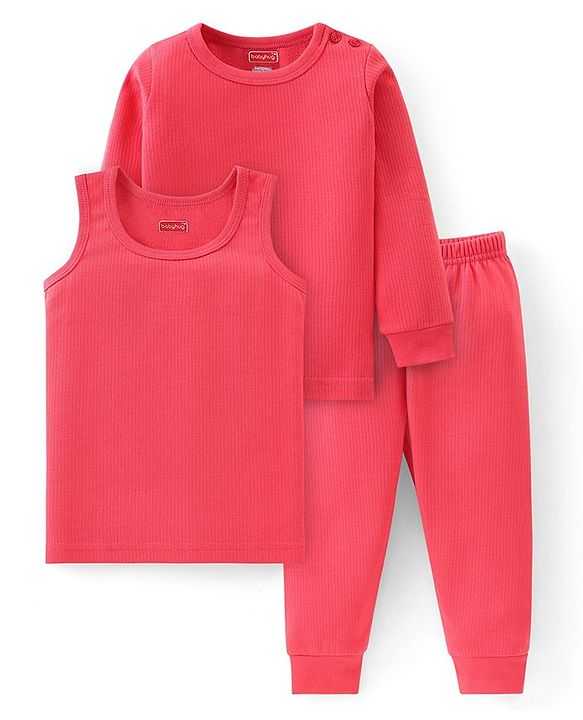 Babyhug Full Sleeves Solid Thermal Vests & Pant Set -Coral