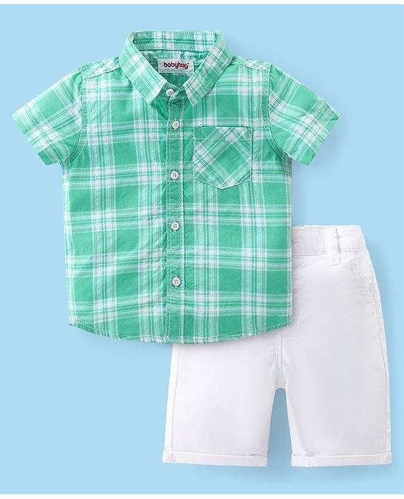 Babyhug Cotton Woven Half Sleeves Checked Shirt & Shorts Set - White & Green