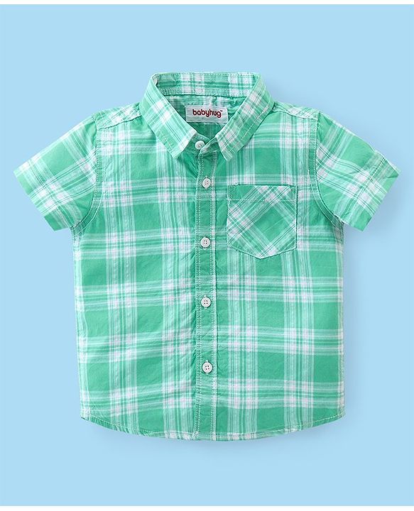 Babyhug Cotton Woven Half Sleeves Checked Shirt & Shorts Set - White & Green