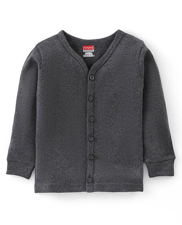 Babyhug Cotton Blend Full Sleeves Front Open Solid Color Thermal Wear Pack Of 2 - Grey