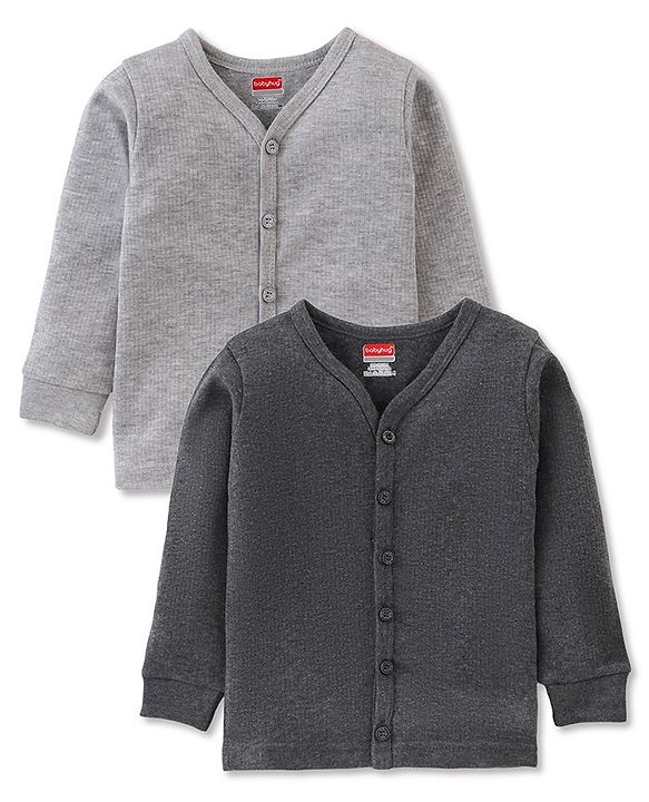 Babyhug Cotton Blend Full Sleeves Front Open Solid Color Thermal Wear Pack Of 2 - Grey