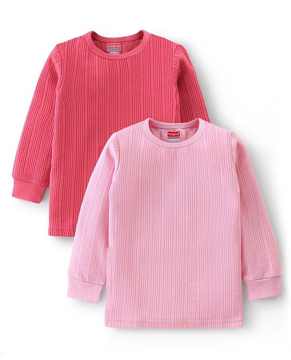 Babyhug Pullover Full Sleeves Solid Thermal Vests Pack of 2 - Pink & Coral