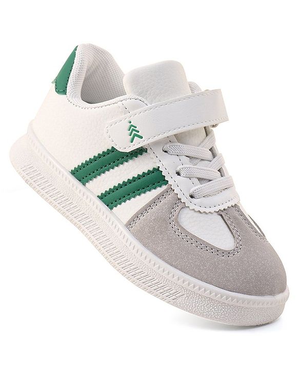 Pine Kids Sneaker with Velcro Closure With Striped Design - White & Green