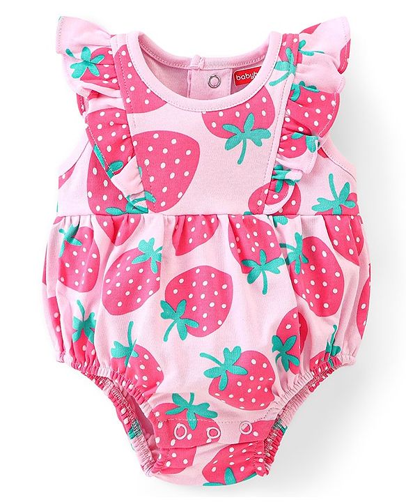 Babyhug 100% Cotton Knit Frill Sleeves Strawberry Printed Onesie - Pink