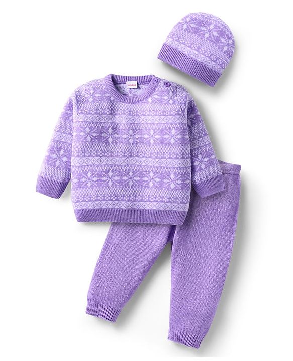 Babyhug Knit Full Sleeves Sweater Set with Cap Aztec Design - Lilac