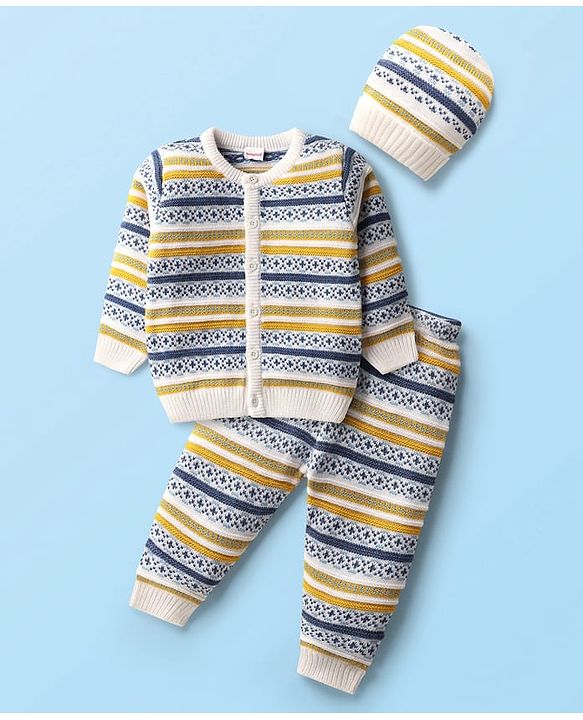 Babyhug Knit Full Sleeves Co-ords Striped Front Open Sweater Set with Cap - Multicolor