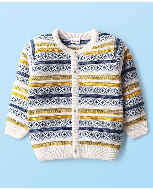 Babyhug Knit Full Sleeves Co-ords Striped Front Open Sweater Set with Cap - Multicolor
