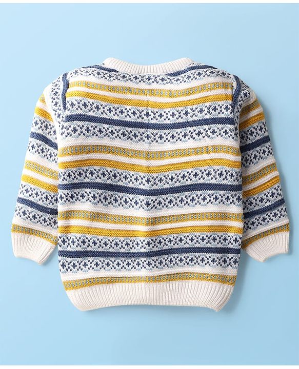 Babyhug Knit Full Sleeves Co-ords Striped Front Open Sweater Set with Cap - Multicolor