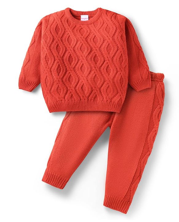 Babyhug Knit Full Sleeves Sweater Set with Cable Knit Design - Orange