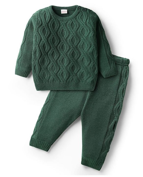Babyhug Knit Full Sleeves Solid Coloured Pullover Sweater Set With Cable Knit Design - Dark Green
