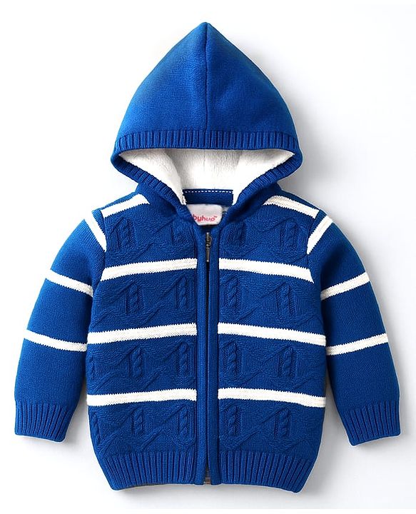 Babyhug Knit Full Sleeves Hooded Sweater Set With Stripes - Blue