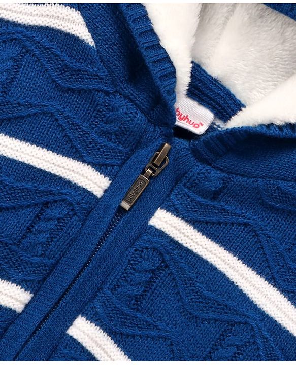 Babyhug Knit Full Sleeves Hooded Sweater Set With Stripes - Blue