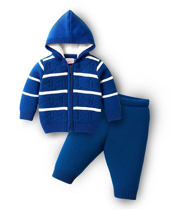Babyhug Knit Full Sleeves Hooded Sweater Set With Stripes - Blue