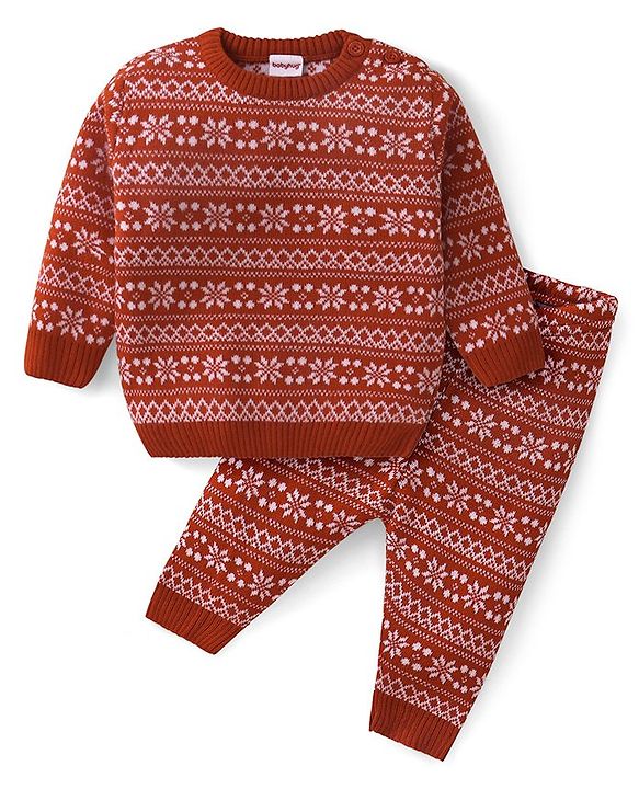 Babyhug Knitted Full Sleeves Intarsia Designed Pullover Sweater Set - Red