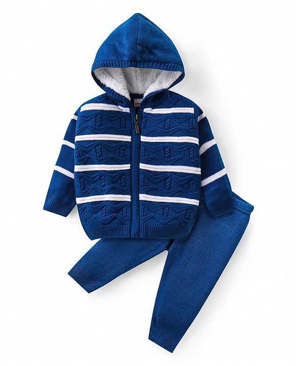 Babyhug Knit Full Sleeves Hooded Striped Sweater Set - Navy Blue