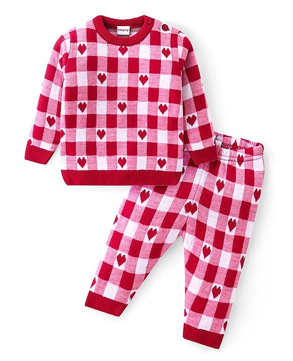Babyhug Knitted Full Sleeves Sweater Set with Heart & Checks Design - Red & White