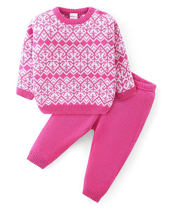 Babyhug Knitted Full Sleeves Sweater Set With Colour Aztec Design - Pink