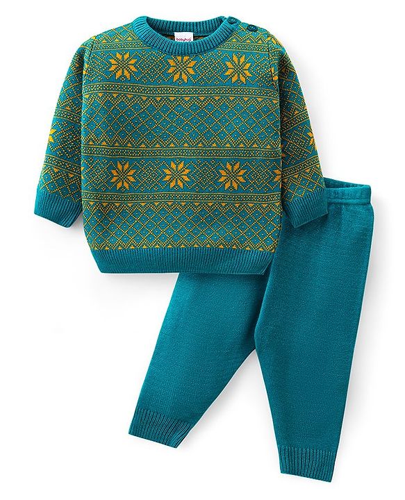 Babyhug Knitted Full Sleeves Pullover   Sweater Set with Intarsia Design - Teal Blue