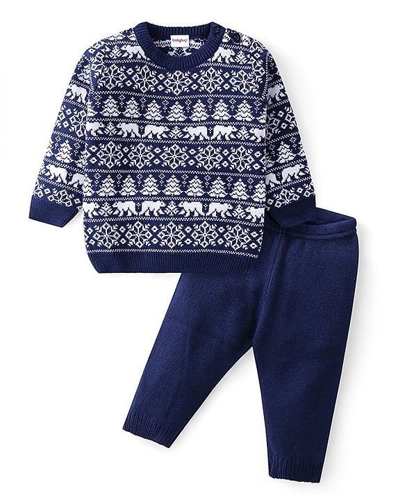 Babyhug Knitted Full Sleeves Sweater Set with Intarsia Design - Navy Blue
