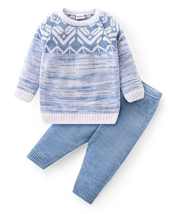 Babyhug Knit Full Sleeves Pullover Sweater Set with Cable Knit Design - Blue