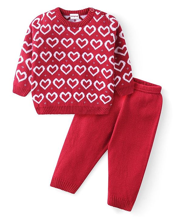 Babyhug Knitted Full Sleeves Sweater Set with Heart Design - Red