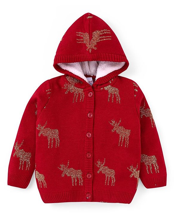 Babyhug Knitted Full Sleeves Front Open Hooded Sweater & Pant With Reindeer Design - Red