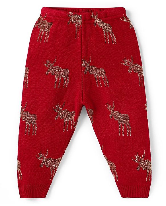 Babyhug Knitted Full Sleeves Front Open Hooded Sweater & Pant With Reindeer Design - Red