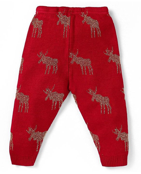 Babyhug Knitted Full Sleeves Front Open Hooded Sweater & Pant With Reindeer Design - Red