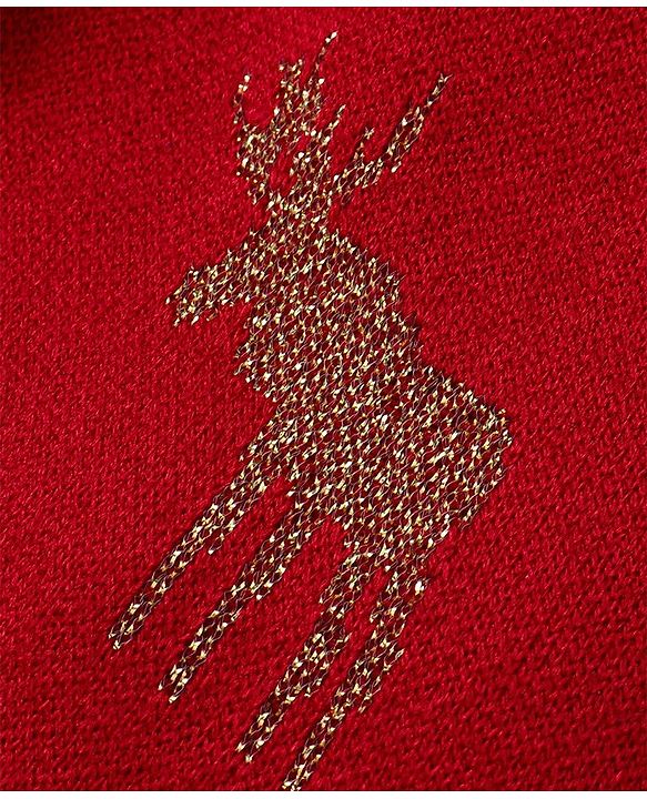 Babyhug Knitted Full Sleeves Front Open Hooded Sweater & Pant With Reindeer Design - Red