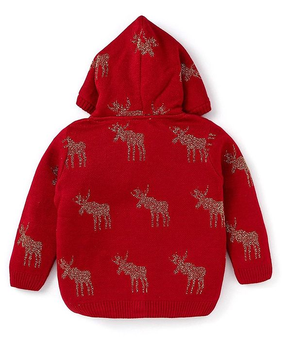 Babyhug Knitted Full Sleeves Front Open Hooded Sweater & Pant With Reindeer Design - Red