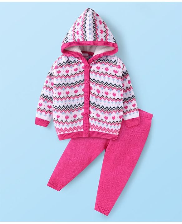 Babyhug Knit Full Sleeves Designed Sweater Set - Dark Pink