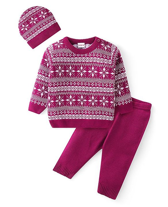 Babyhug Knitted Full Sleeves Sweater Set with Cap Intarsia Design -  Dark Pink