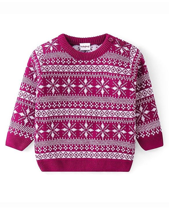 Babyhug Knitted Full Sleeves Sweater Set with Cap Intarsia Design -  Dark Pink