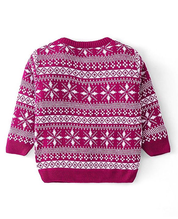 Babyhug Knitted Full Sleeves Sweater Set with Cap Intarsia Design -  Dark Pink