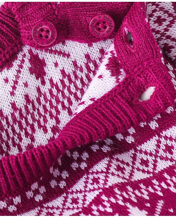 Babyhug Knitted Full Sleeves Sweater Set with Cap Intarsia Design -  Dark Pink