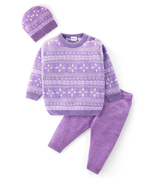 Babyhug Knitted Raglan Sleeves Sweater Set with Cap & Aztec Design - Lilac