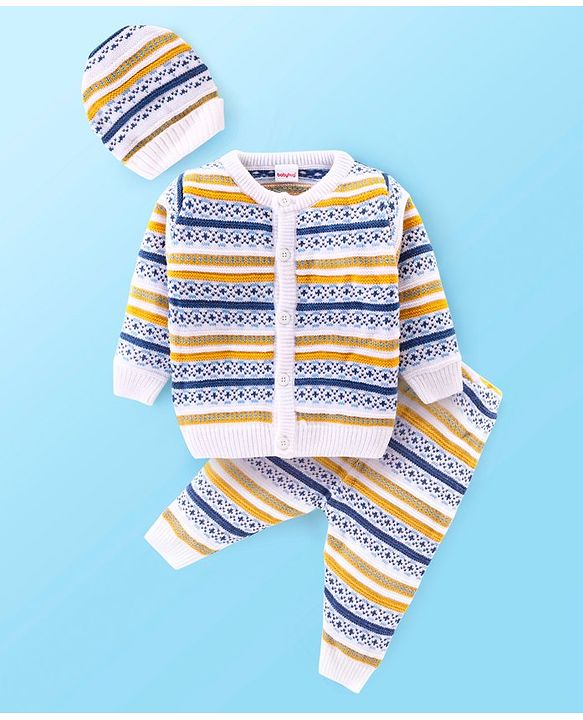 Babyhug Knit Full Sleeves Front Open Sweater Set with Cap & Stripes Design - Multicolour