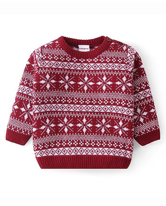 Babyhug Knitted Full Sleeves Sweater Set with Cap &  Intarsia Design - Red
